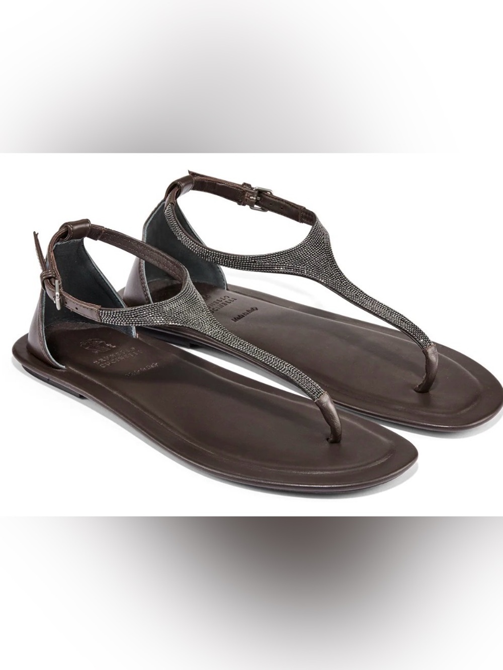 Brunello Cucinelli Brown Leather T‑Strap Sandal 37.5+Most Luxury Cushion Insoles